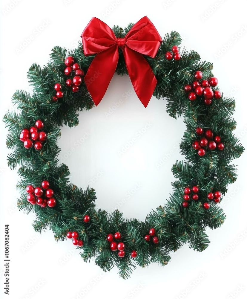 Festive Christmas wreath adorned with red balls, bow, and greenery. Festive Christmas wreath adorned with red balls, bow, and greenery.