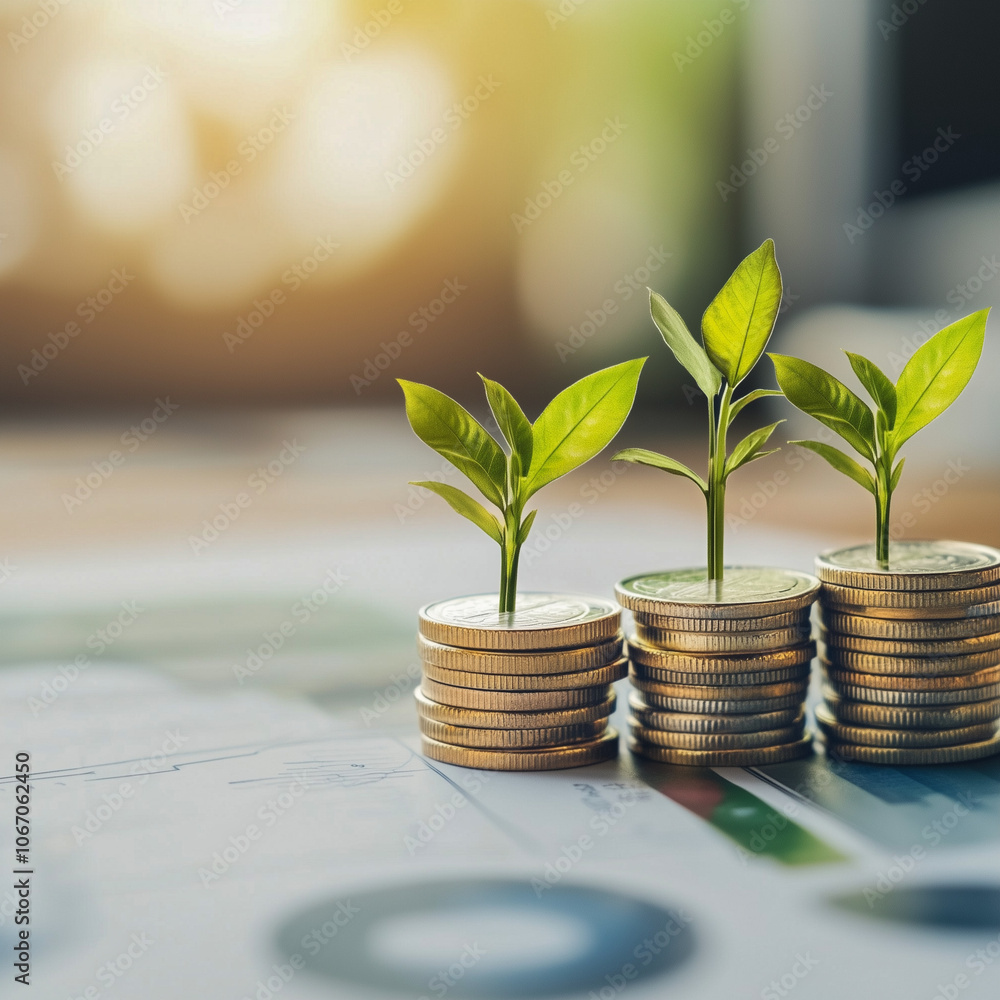 Three stacks of coins from which three plant shoots emerge. Concept of interest, investment, yield. Three stacks of coins from which three plant shoots emerge. Concept of interest, investment, yield.