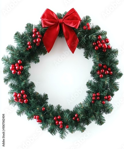 Festive Christmas wreath adorned with red balls, bow, and greenery.