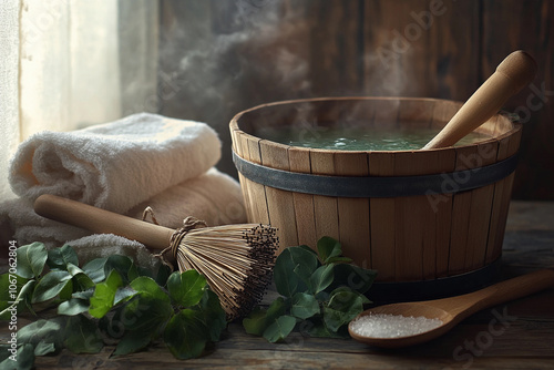 Sauna equipment. Wooden buckets, towel and ladle. Decor with birch leaves.