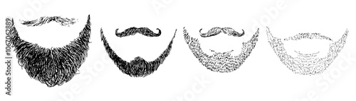 Vector collection of masculine beards and mustaches in black and white. Hand-drawn outlines show a range of facial hair styles, from rugged stubble to handlebar. For grooming or barbershop themes