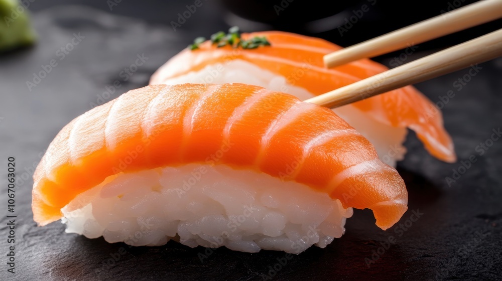 Fresh Sushi with Salmon and Chopsticks Fresh Sushi with Salmon and Chopsticks
