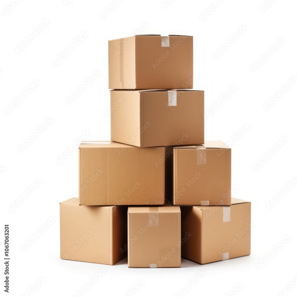 Fototapeta premium Stacked moving boxes cardboard carton white background.