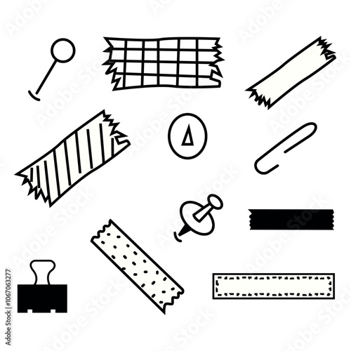 Hand-Drawn Office Supplies Set: Paper Clip, Pin, Thumbtack, Binder Clip, and Tape