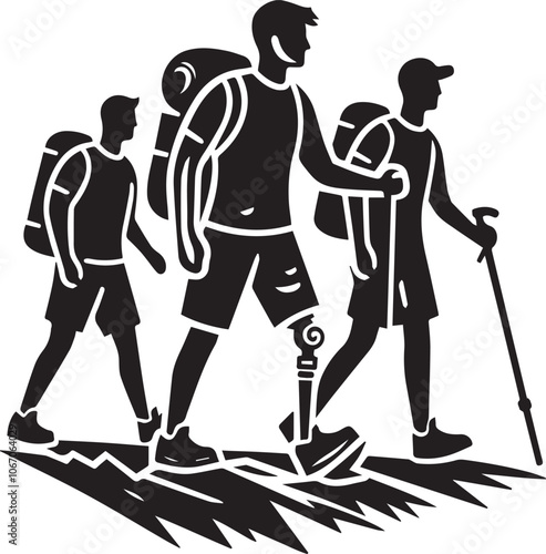 Hikers Conquer the Trail: A Symbol of Resilience and Adventure. Four hikers with backpacks and trekking poles are shown from the back, ascending a mountain trail.