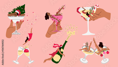 Set of women is sitting in a martini glass. Happy new years