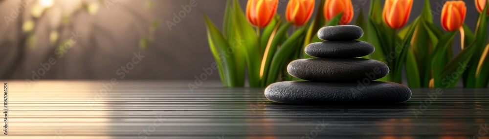 A tranquil scene featuring stacked stones and vibrant tulips, creating a serene atmosphere ideal for relaxation and mindfulness. A tranquil scene featuring stacked stones and vibrant tulips, creating a serene atmosphere ideal for relaxation and mindfulness.