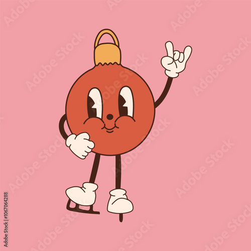 Retro christmas ball character. 40s, 50s, 60s old animation style in skates. Christmas mascot