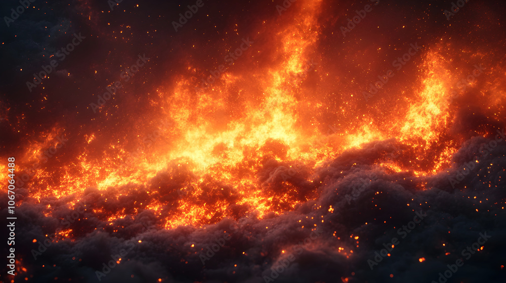A dramatic and intense scene of a massive wildfire raging out of control,with towering flames and thick plumes of smoke billowing up against a starry night sky. A dramatic and intense scene of a massive wildfire raging out of control,with towering flames and thick plumes of smoke billowing up against a starry night sky.