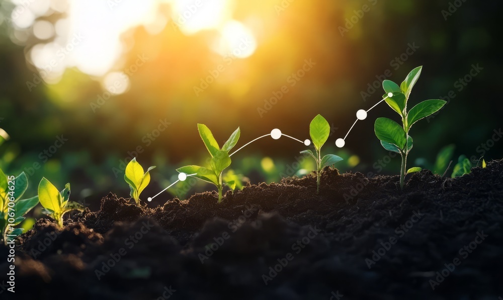 Growth concept with soil and rising trend graph against sunlight background. Growth concept with soil and rising trend graph against sunlight background.