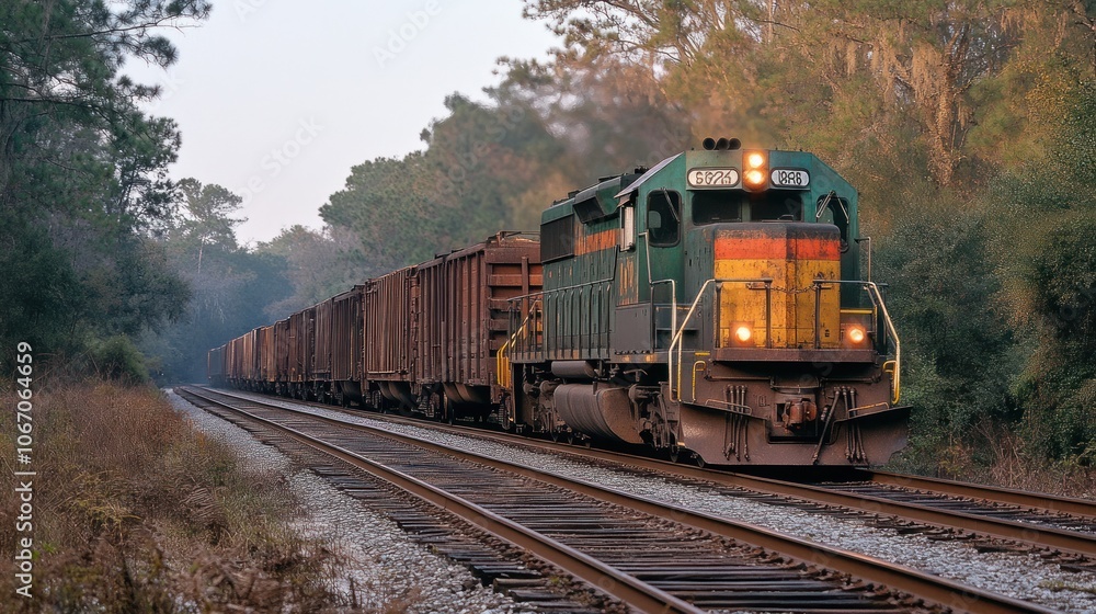 A Freight Train Chugs Through a Wooded Landscape A Freight Train Chugs Through a Wooded Landscape