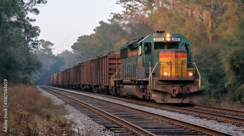 A Freight Train Chugs Through a Wooded Landscape