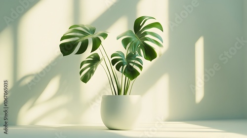 Monstera deliciosa plant in a white ceramic pot on a pure white background, highlighted by window light casting dramatic shadows, emphasizing a minimalist and tropical aesthetic.