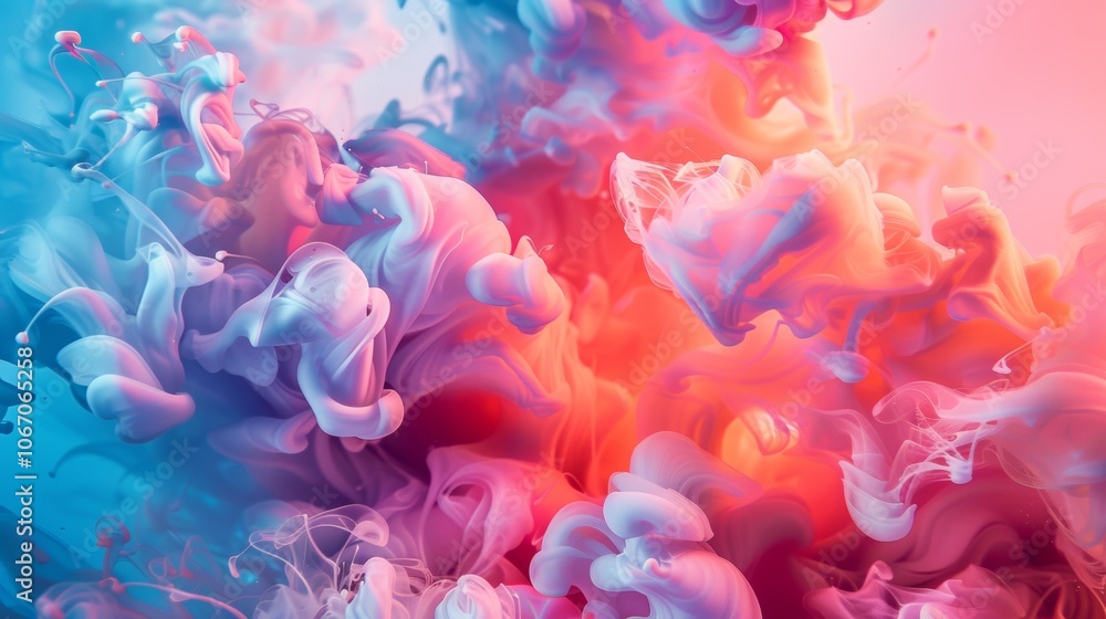 Obraz premium Abstract colorful ink swirls in water with pink and blue hues