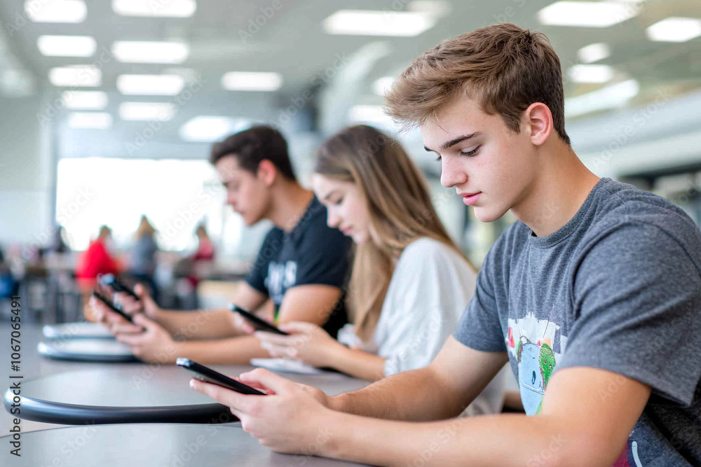Students sitting at their desks and looking at their phones. Side view. Students sitting at their desks and looking at their phones. Side view.