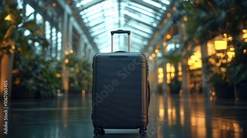 Black suitcase, travel concept, waiting for departure, business trip, sleek luggage, traveler’s journey, blurred lights, travel planning, urban environment, transport