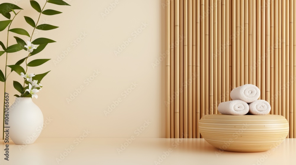 A minimalist spa setting featuring towels arranged in a bowl, a vase with greenery, and a bamboo backdrop, creating a serene and tranquil atmosphere. A minimalist spa setting featuring towels arranged in a bowl, a vase with greenery, and a bamboo backdrop, creating a serene and tranquil atmosphere.