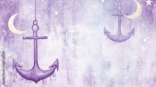 Baby lavender background design with two moons and stars and an anchor, ideal for photo inserts or print scrapbook ideas, perfect for baby shower backdrops with copy space.