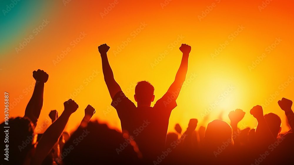 Silhouettes of people celebrating at sunset with raised fists. Silhouettes of people celebrating at sunset with raised fists.
