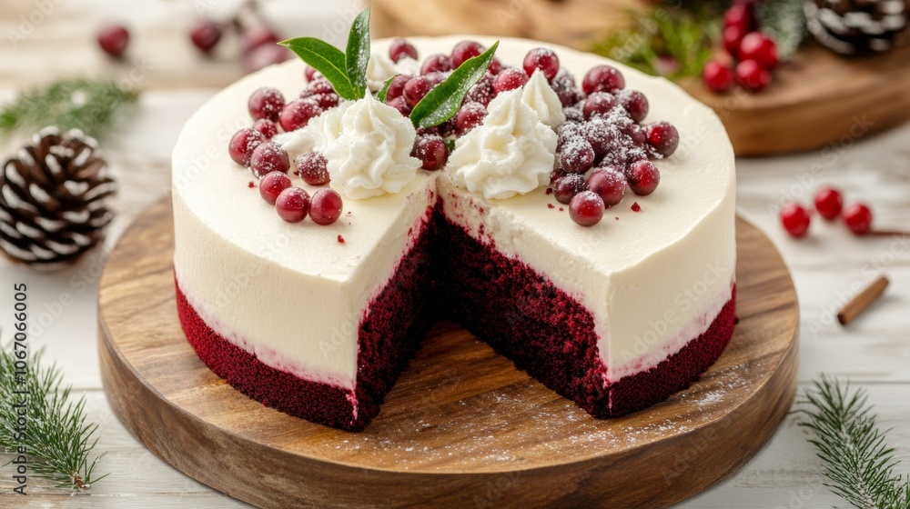 Delicious cake with slice missing on rustic wooden board. Delicious cake with slice missing on rustic wooden board.