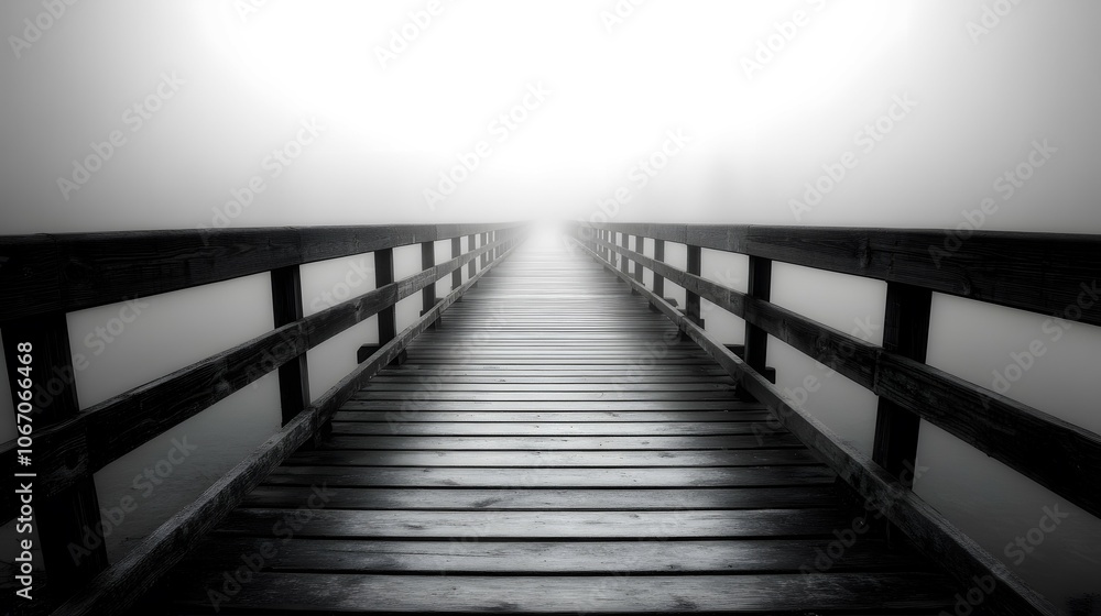 Fototapeta premium Foggy Wooden Bridge Path Leading to the Unknown