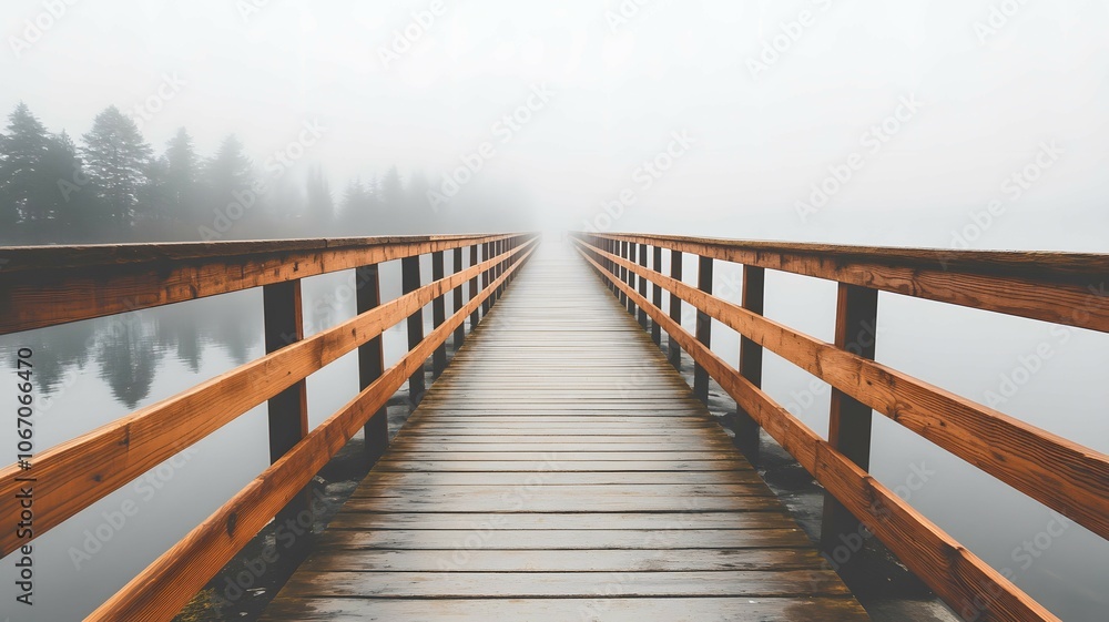 Foggy Wooden Bridge Pathway Leading into the Mist Foggy Wooden Bridge Pathway Leading into the Mist