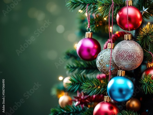 Festive Christmas tree adorned with colorful baubles and surrounded by glowing, blurred lights, festive, baubles