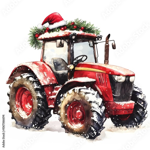 Christmas Tractor Watercolor Illustration   Festive Farm Equipment photo