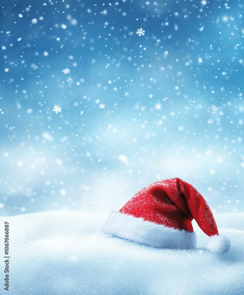 Red hat resting atop snow-covered hill under clear blue sky. Red hat resting atop snow-covered hill under clear blue sky.