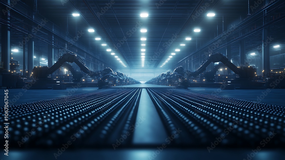 Obraz premium A futuristic industrial scene featuring robotic arms and illuminated pathways in a dimly lit warehouse, showcasing advanced technology.