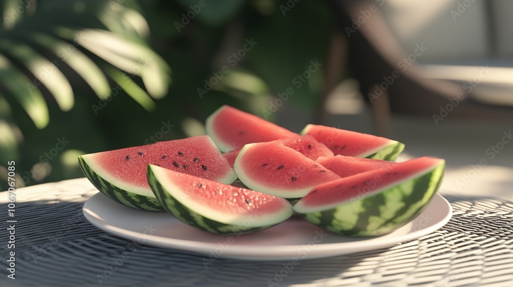 Freshly sliced, juicy watermelon pieces artfully arranged on a table, set against the backdrop of a sunlit outdoor setting, capturing the essence of a perfect summer day. Freshly sliced, juicy watermelon pieces artfully arranged on a table, set against the backdrop of a sunlit outdoor setting, capturing the essence of a perfect summer day.