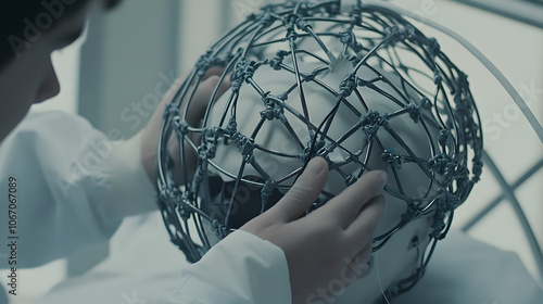 Detailed view of neurological testing equipment, with an EEG cap being placed on a patient’s head, highlighting the precision and technology used in brainwave analysis and monitoring
 photo