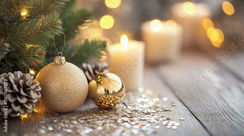 Christmas decorations on wooden table with candles, pine cones