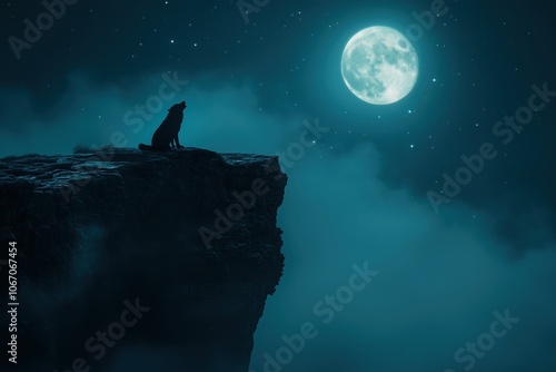 Elegant Wolf Howling Under Full Moon on Cliff