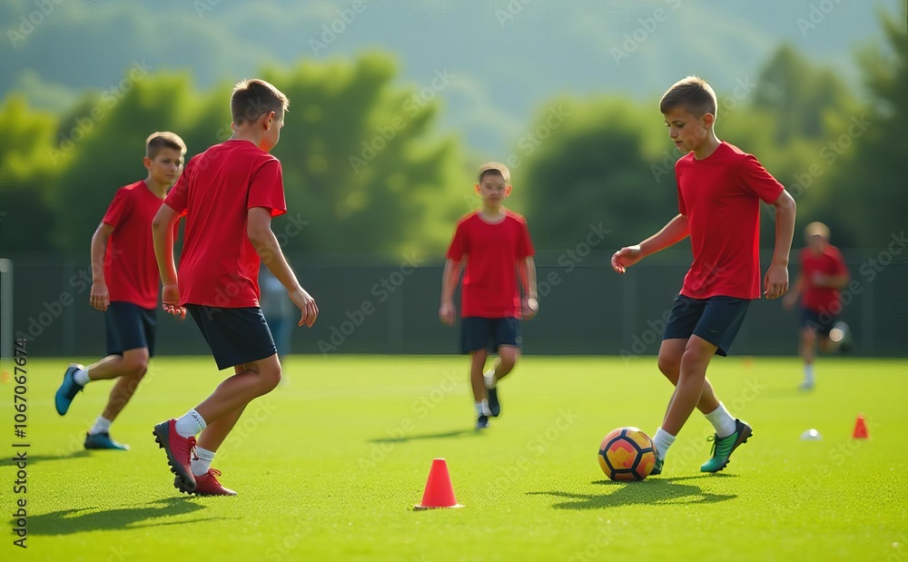 Obraz premium Group Of Boys Playing Football Wearing Red Kits