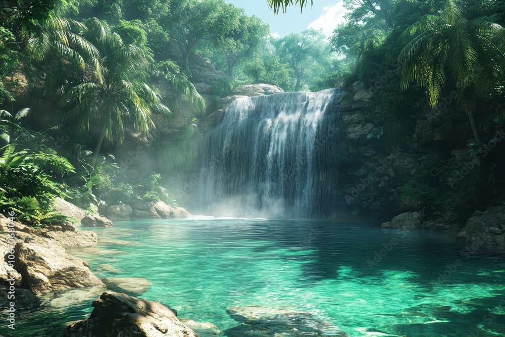 Tropical Waterfall Cascading into Clear Pool Tropical Waterfall Cascading into Clear Pool