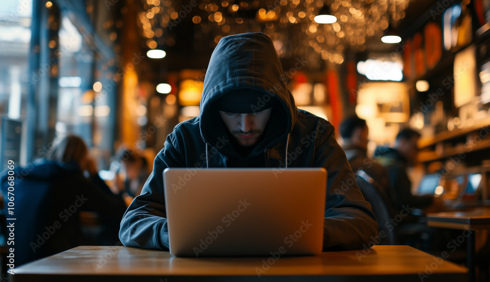 hacker with laptop in coffee shop hacker with laptop in coffee shop