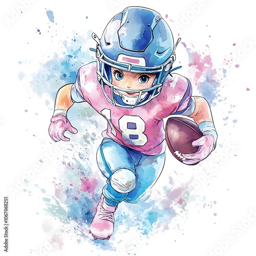 Watercolor Illustration of Young Female American Football Player Running with Ball