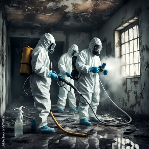 exterminators in protective hazmat suits cleaning an abandoned building photo