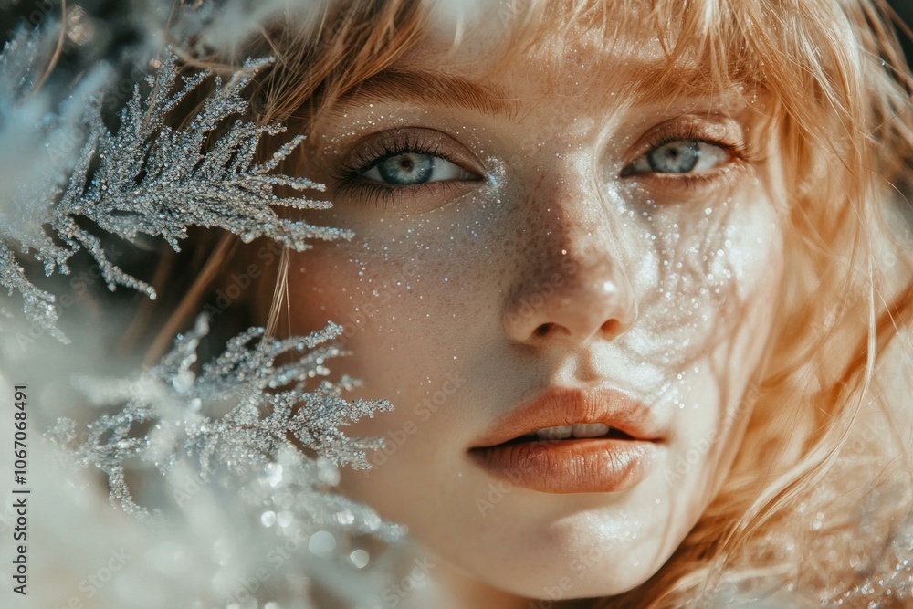 Woman's face adorned with delicate snowflakes, winter beauty theme. Woman's face adorned with delicate snowflakes, winter beauty theme.