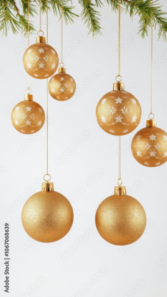 Golden Christmas ornaments hanging elegantly on an isolated background, celebration Golden Christmas ornaments hanging elegantly on an isolated background, celebration