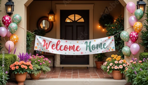 Colorful welcome home banner with festive balloons and lush flowers on a front porch