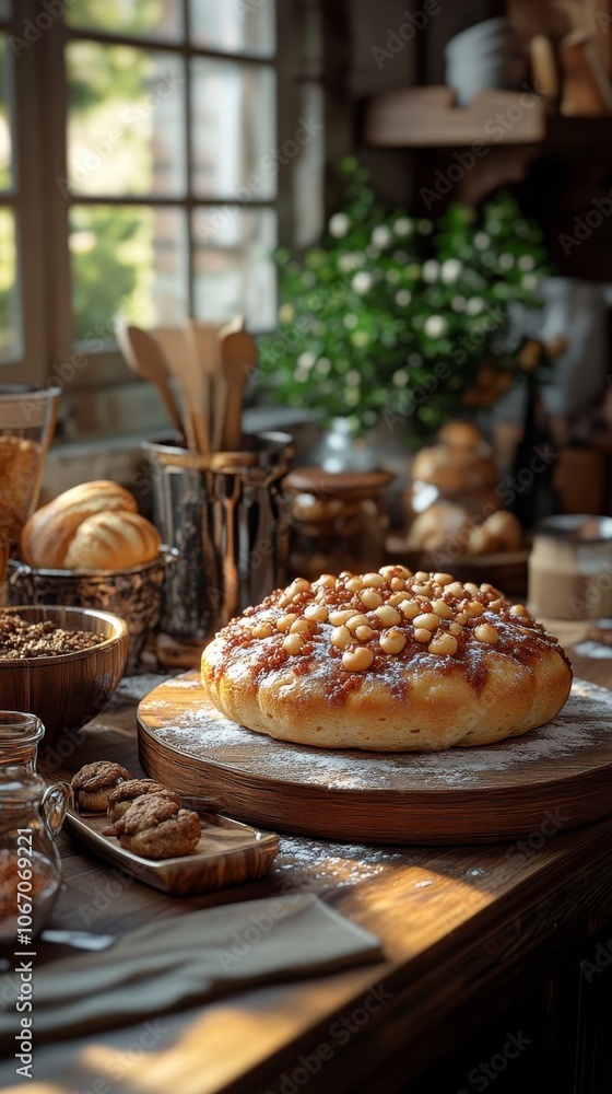A beautifully baked bread topped with nuts. A beautifully baked bread topped with nuts.