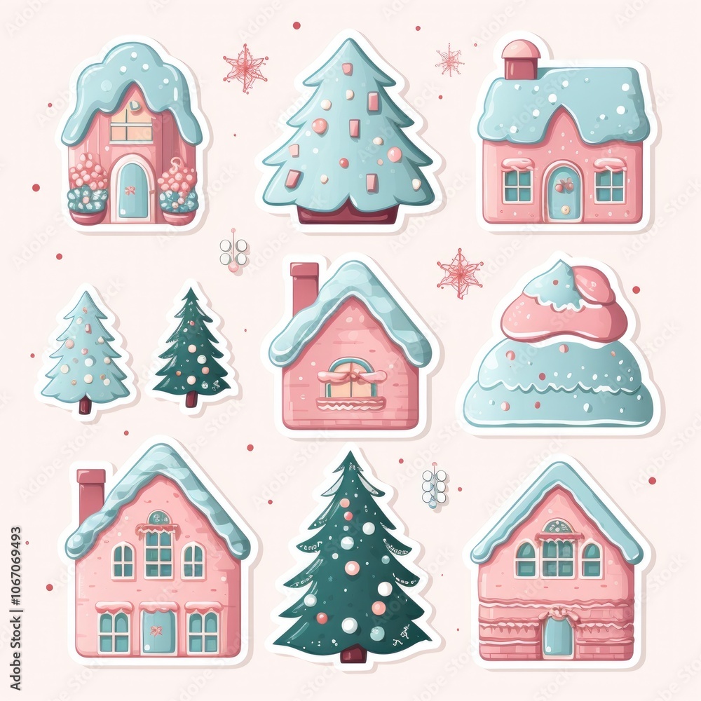 Whimsical festive gingerbread houses and trees with snowy details and pastel colors Whimsical festive gingerbread houses and trees with snowy details and pastel colors