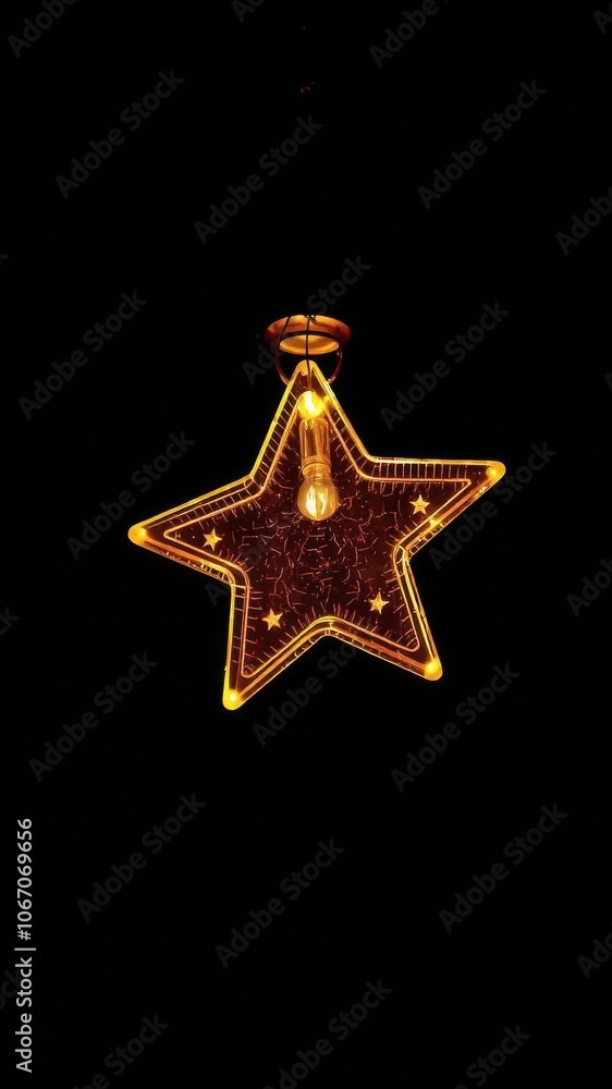 Gold star-shaped light bulb hanging in darkness, creating a dramatic and magical atmosphere, light Gold star-shaped light bulb hanging in darkness, creating a dramatic and magical atmosphere, light