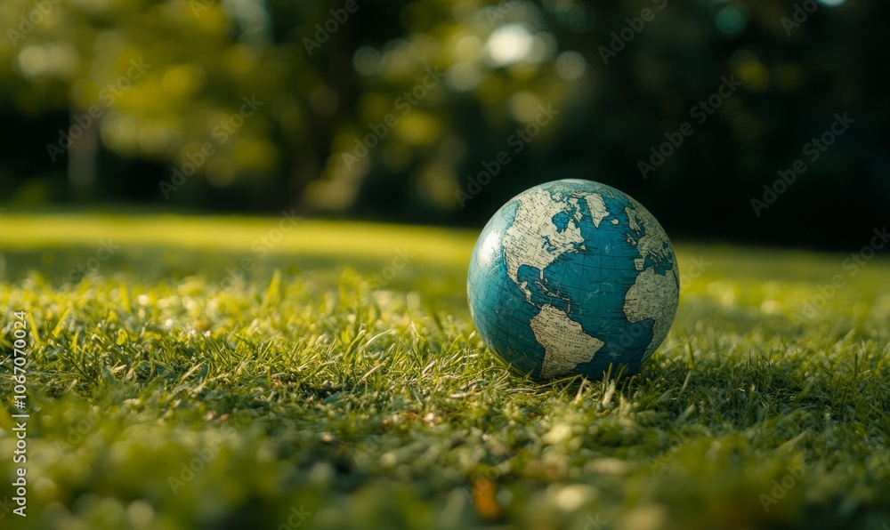 Globe on grassy hill, lush green background, eco-friendly concept. Globe on grassy hill, lush green background, eco-friendly concept.