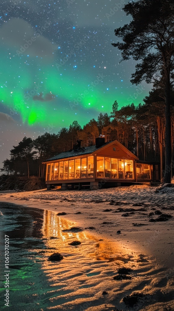 Fototapeta premium Illuminated Cabin on a Snowy Beach with Aurora Borealis and Stars