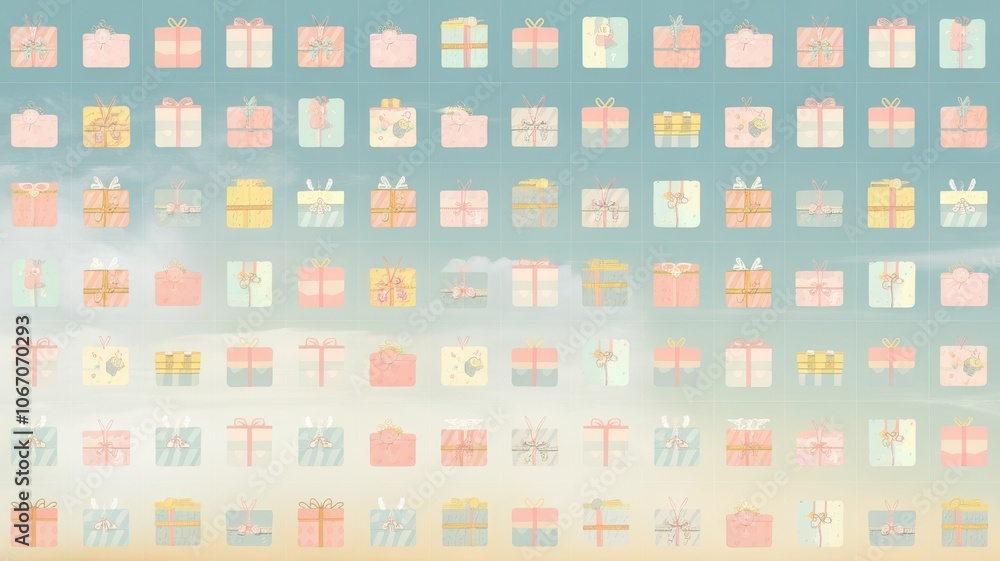A grid-based birthday pattern with evenly spaced presents, balloons, and party hats, using pastel colors
A grid-based birthday pattern with evenly spaced presents, balloons, and party hats, using pastel colors