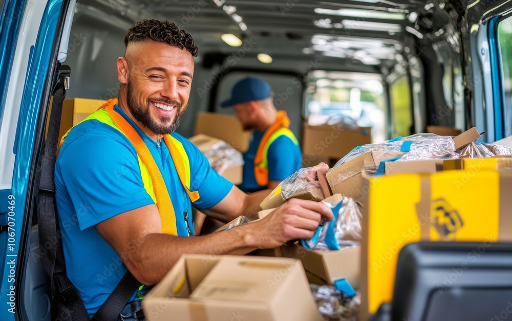 Smiling Delivery Driver Loads Van Smiling Delivery Driver Loads Van