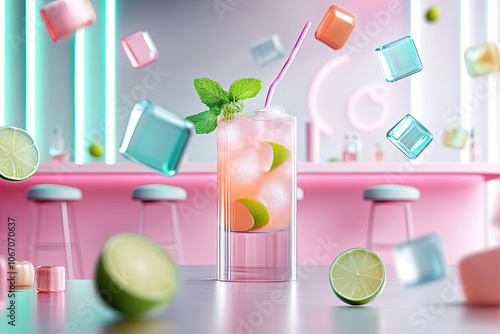 Cocktailbar mit Cocktailglas, schwebenden Zutaten und dynamischen Neonlichtern.

 photo